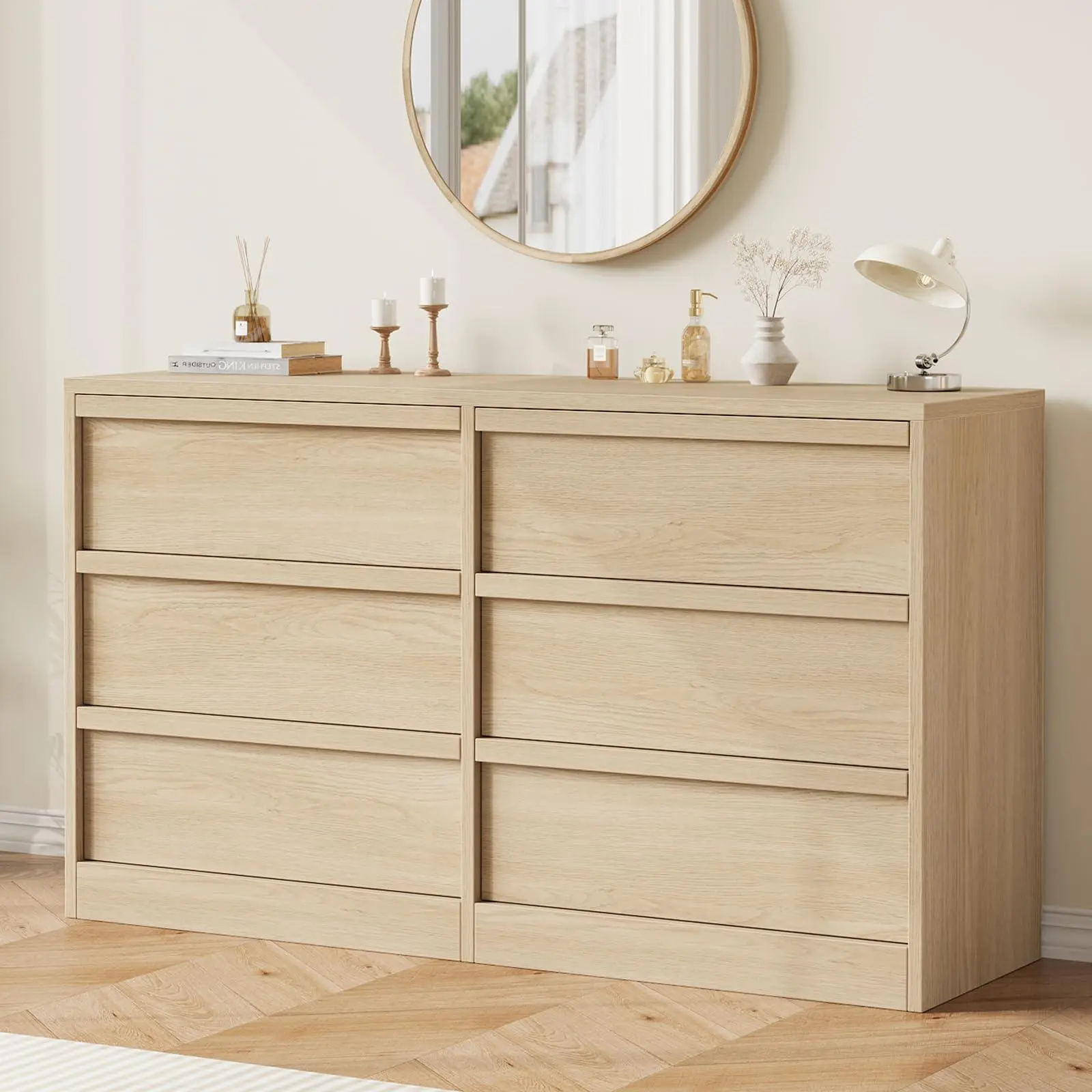 GAOMON Modern 6-Drawer Natural Oak Rectangle Dresser with Smooth Slides, 46.7"w x 15.9"d x 29.3"h Stable Sturdy Chest of Drawers for Bedroom, Nursery Large Wooden Storage