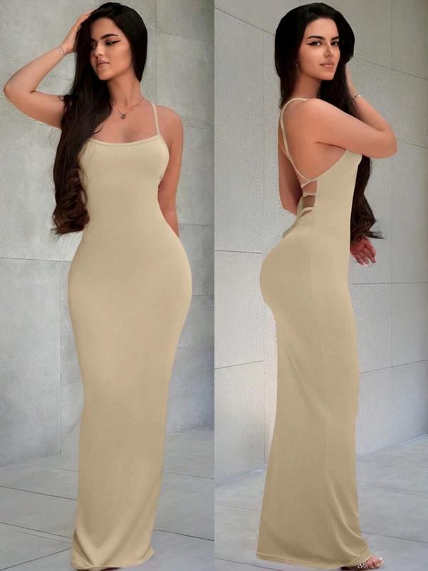 Women's Black Spaghetti Strap Backless Sleeveless Dress for Formal & Evening Occasions Pencil Hem Natural Waist Regular Fit Long Knitted Fabric