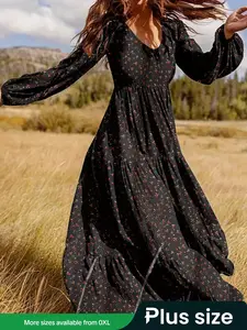 【Plus Size】 Ditsy Floral Print Bishop Sleeve A Line Dress, Casual Long Sleeve U Neck Dress for Spring & Fall, Women's Clothes for Vacation Holiday Beach, Womenswear, Casual Bohemian Dress