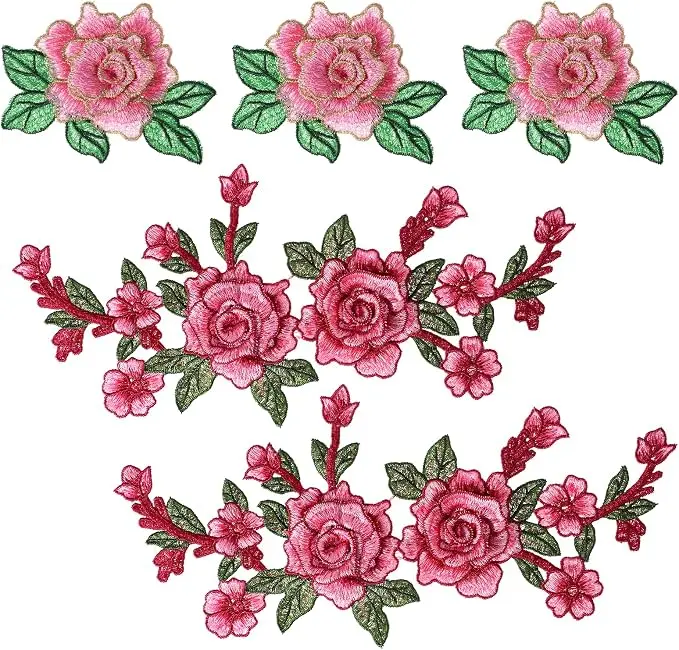 5 PCS Rose Flower Embroidered Patches, Pink Applique Sew on Peony Patches, Petal Flower Fabric Appliques for Jeans DIY Arts Crafts Making Jackets Shirts Bags Sweater Dress Decoration