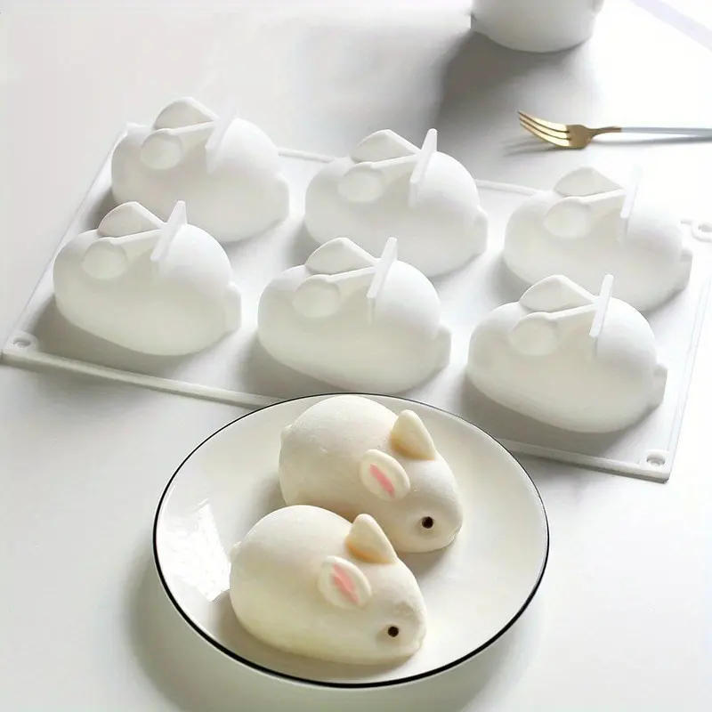 8.03in 1pc Easter Rabbit Shape 6 Grids Silicone Mousse Cake Mold Soap Making Tools Pastry Baking Molds Form For Plaster DIY