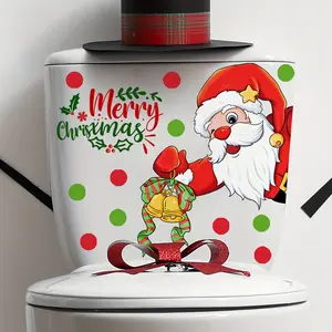 Large self-adhesive PVC Christmas sticker, Decorative wall sticker -11.8x11.8 inches glossy white background matte Santa Claus and "Merry Christmas" decal, with gold letters, red and green bows, and holly leaf patterns, suitable for walls, doors