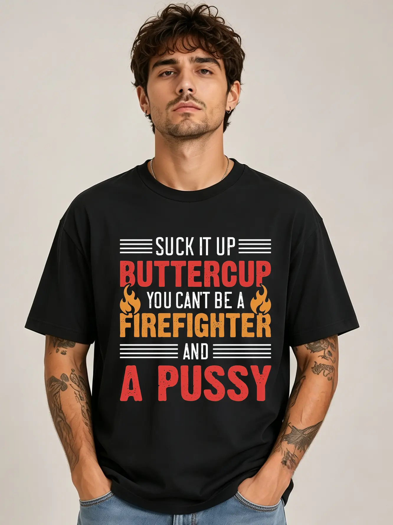 [Graphic T-Shirt] firefighter shirt - Suck It Up Buttercup Firefighter Funny Attitude Graphic Tee, Blue Collar Fire Rescue Humor Design, First Responder Inspired Apparel,cotton tee,printed shirts for men