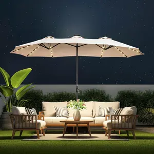 【Solar Light】15FT Large Solar Patio Umbrella Outdoor Double-Sided Rectangle Market Patio Umbrella with Crank Handle, Oversized Beach Umbrella for Deck, Pool, Backyard-with Base Included