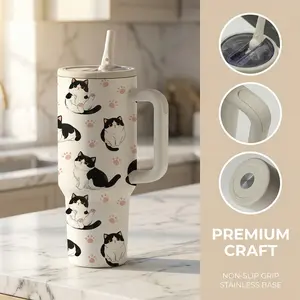 1 Pc 40 Oz Stainless Steel Water Cup with Handle and Foldable Straw, Black and White Cat with Paw Print Design, Double Wall Insulated Thermal Mug, Hot 12H/ Cold 24H, Fun Drinkware, Perfect Mother's Day, Easter or Birthday Gift for Friends and Family.