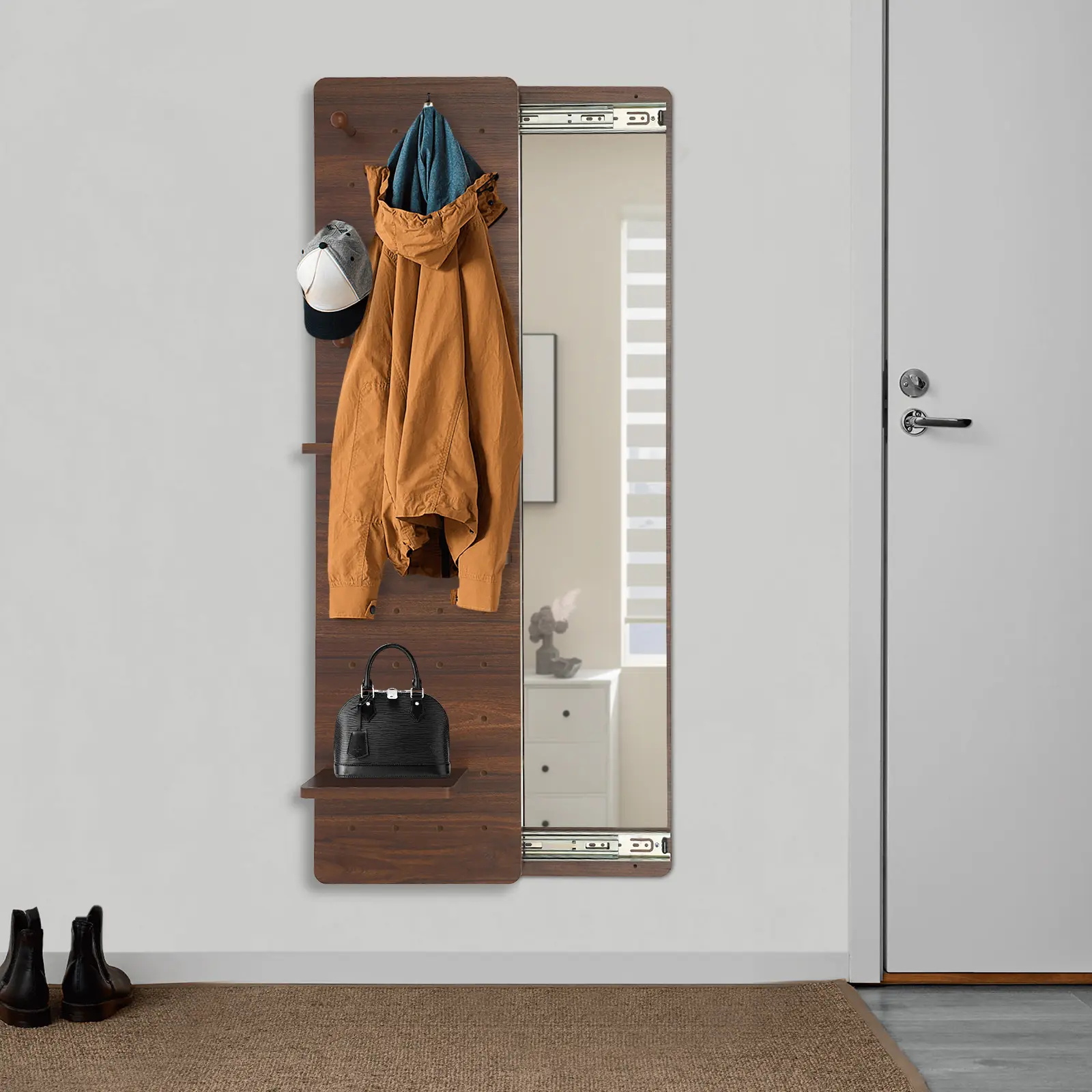 Wall Mounted Rectangle Full Mirror with Pegboard Organizer - Density Board Indoor Furniture, Includes Shelves for Entryway Decor, Bedroom Decor