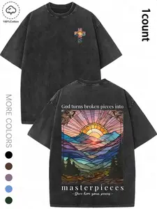 Men's Mountain & Sunset Print Round Neck Graphic 100% Cotton Tee, Vintage Trendy Casual Streetwear Short Sleeve Washed Distressed Fitted T-shirt for Daily Wear, Men's Summer Outfit, Top