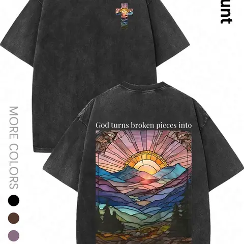 Men's Mountain & Sunset Print Round Neck Graphic Aesthetics 100% Cotton Tee, Vintage Trendy Casual Streetwear Essentials Short Sleeve Washed Distressed Fitted T-shirt for Daily Wear, Men's Summer Outfit, Top, Menswear