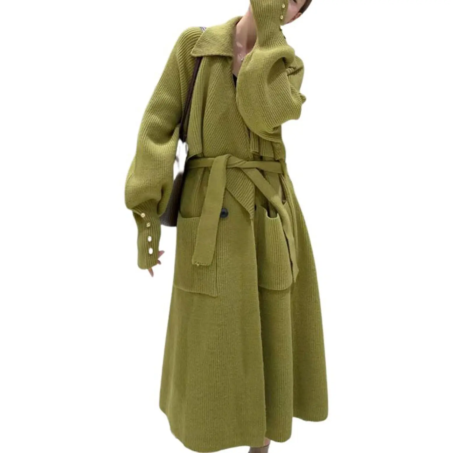 CHARTOU Women's Elegant Lapel Collar Rib-Knit Open Front Cardigan Long Sweater Jacket Overcoat