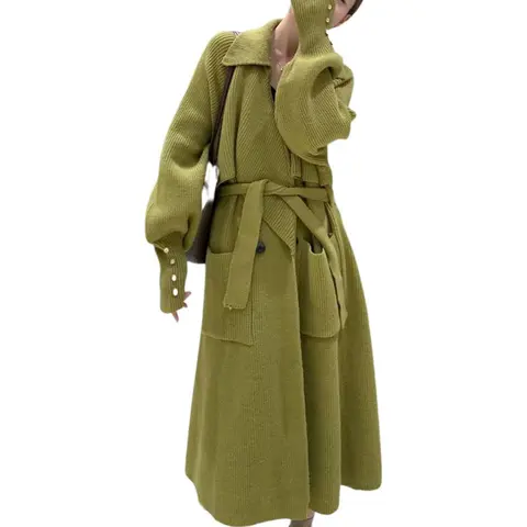 CHARTOU Women's Plus Size Knitwear Cardigan Tops - Elegant Lapel Collar, Rib-Knit, Open Front, Long Sleeves, Polyester Blend, Trench-Inspired Overcoat Look, Lantern Silhouette, Belt-Accent Sweater