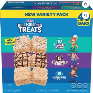 Kellogg's Rice Krispies Treats Variety Pack 40 Count - 15 Original, 10 confetti Cake, 15 Chocolate Drizzle Bars - Traditional Snack Delight