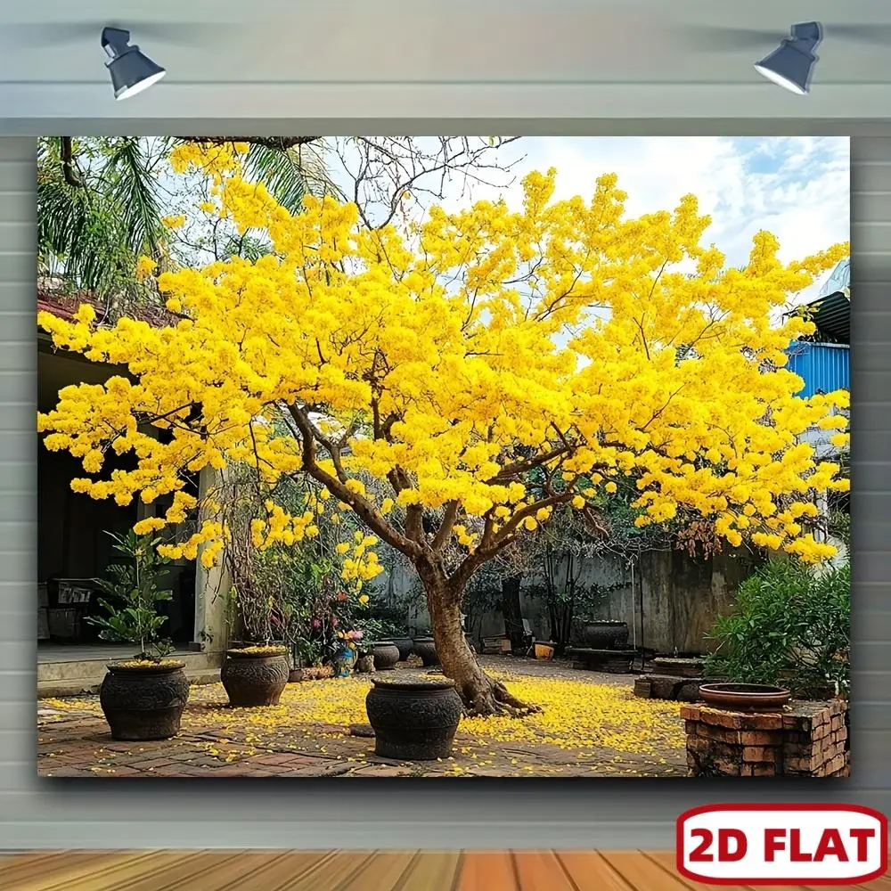 1PC Polyester 2D Flat Spring Courtyard Yellow Flower Tree Backdrop Banner, Pastoral Reusable Hanging Decoration for Indoor-Outdoor Photography, Living Room Wall Use,summerwins