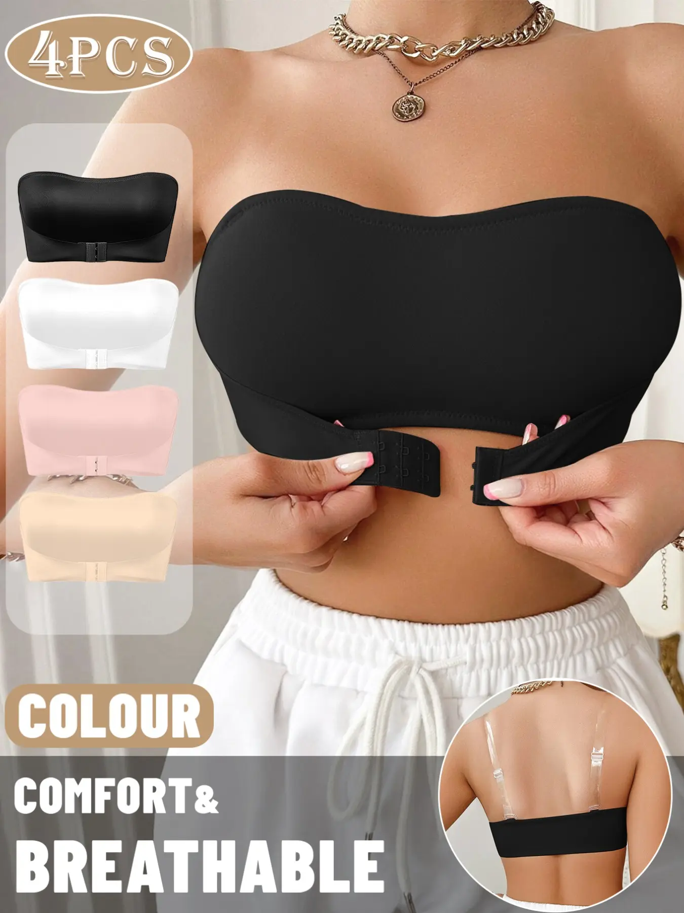Strapless invisible bra with clear straps, seamless & non-slip, wireless soft support, push-up & slimming, front closure for easy wear, convertible straps, perfect for camisoles & off-shoulder outfits, comfy, Breathable & practical.