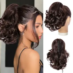 Ponytail Extensions,10 inch Short Claw Clip on Ponytail Extensions Dark Brown Synthetic Curly Wavy Pony Tails Hairpieces for Women Daily