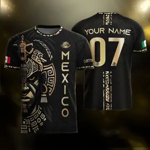 Custom Mexico Soccer Jersey Black Gold Aztec Warrior Face Number Men's Jersey, Mexico Flag Football Shirt For Fans 3D Round neck Jersey, Football Shirt Jersey, Soccer Team Jersey, Oversized Vintage Jersey, Soccer Merch, Gift for Soccer Fans