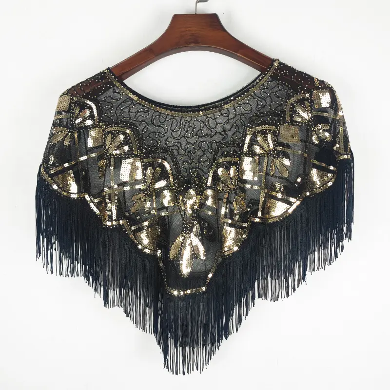 Female Elegant Beaded Glitter Shawl - Sheer Polyester Gauze Stole with Beaded Fringe, Embroidery, Sequins, Lightweight Evening Party & Beach Cover Up (Black Gold, Black Silver)