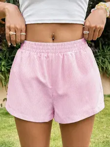 Women's Striped Print Stretchy Waist Shorts, Casual Comfy Breathable Shorts for Daily Wear, Ladies Bottoms for Summer, Womenswear