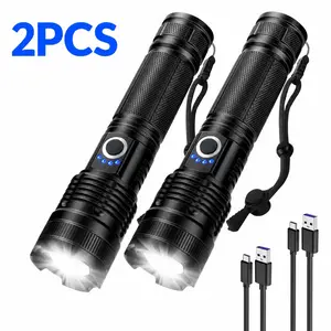 2 Pack Rechargeable LED Flashlights High Lumens LED Super Bright Flash Light with LCD Digital Display, 5 Mode, Waterproof, Powerful Flashlight for Emergencies Camping Gift