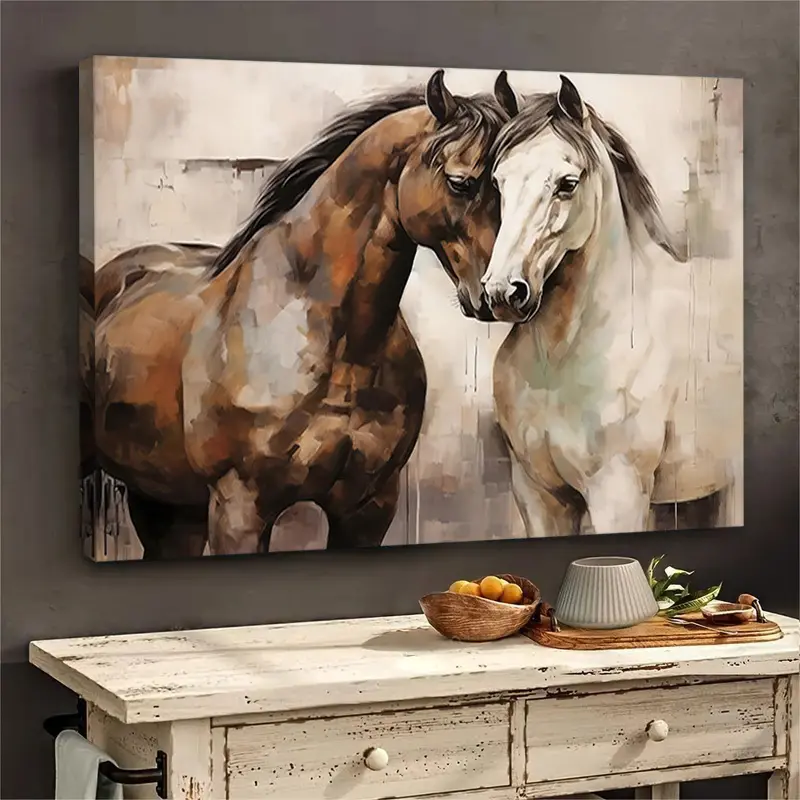 Vintage Artistic Eco-Friendly Horse Framed Canvas Wall Art - 1-Piece 24"x36" 2D Decorative Hanging Framed Painting Prints, Living Room Home Decor, Exceptional Gift for Horse Enthusiasts