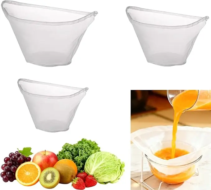 3PCS Cheese Cloth Filling Squeeze Nylon Bags, Bowl-shaped reusable nylon cheese cloth filter bag, Ultra Fine Mesh Strainer Bags, suitable for nut milk, juice, soy milk, dumpling fillings (S, M, L)