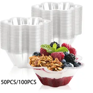 50/100 Disposable Plastic Dessert Bowls, Transparent Floral Cream Party Bowls, Ideal for Ice Cream, Fruits, Strawberries, Salads, Nuts, Pudding, Clear Plastic Bowls, Dessert Cups