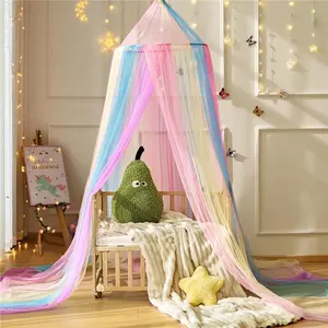 Rainbow Bed Canopy for Girls X-Large Princess Canopy Hanging Netting Polyester 150 Fairy Lights for Baby Crib Twin to King Size Bed Decor
