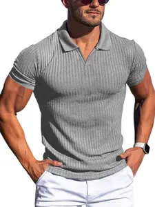 Men's Ribbed Knit V-Neck Polo Shirt, Casual Short Sleeve Top, Ideal for Golf, Office, Daily Wear, Comfortable and Stylish