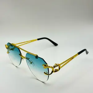 Bold Gold Panther-Arm Aviator Sunglasses: Rimless Blue Gradient Lens, Luxury Fashion Shades