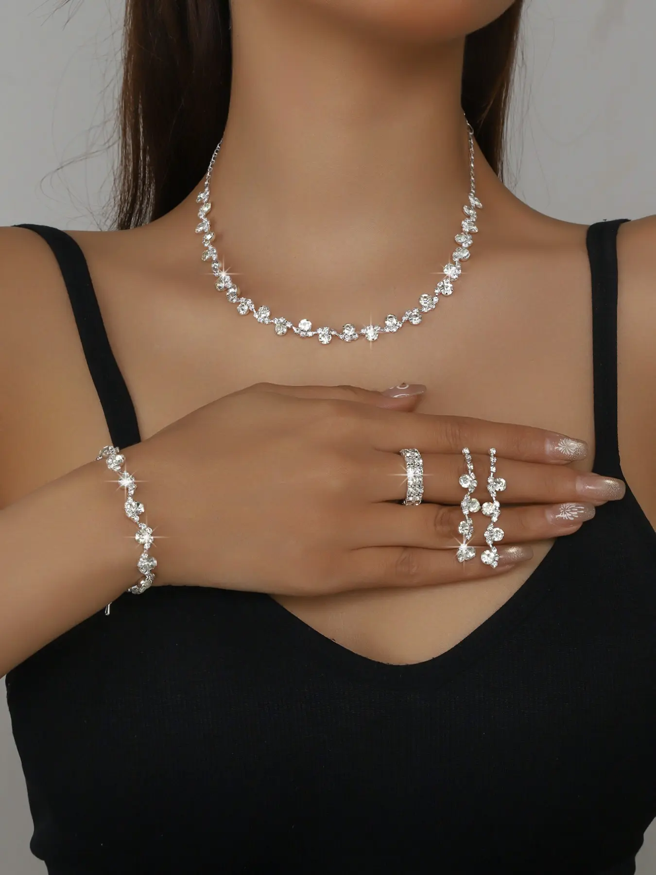 Elegant Feng Shui Diamond Footprint Jewelry Set, Necklace Bracelet Earrings Ring Four Piece Kit, Bridal Accessories for Weddings Western Jewelry Set, Wedding Sets