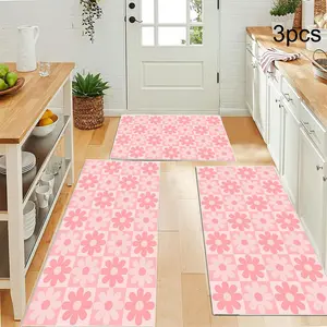 Plaid Floral Kitchen Rug Set of 3, Non-Slip Comfortable Mats, Farmhouse Chef Rugs for Kitchen Sink Laundry Room, Floral Pattern Rug, Kitchen Floor Mat