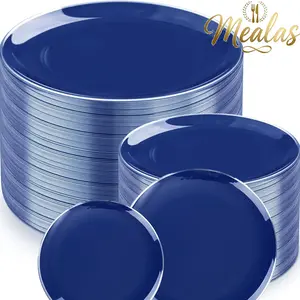 20/60 Piece Blue Plastic Plates Set, Silver Color Trim Disposable Dinnerware, Includes 10 Inch Dinner & 8 Inch Dessert Plates