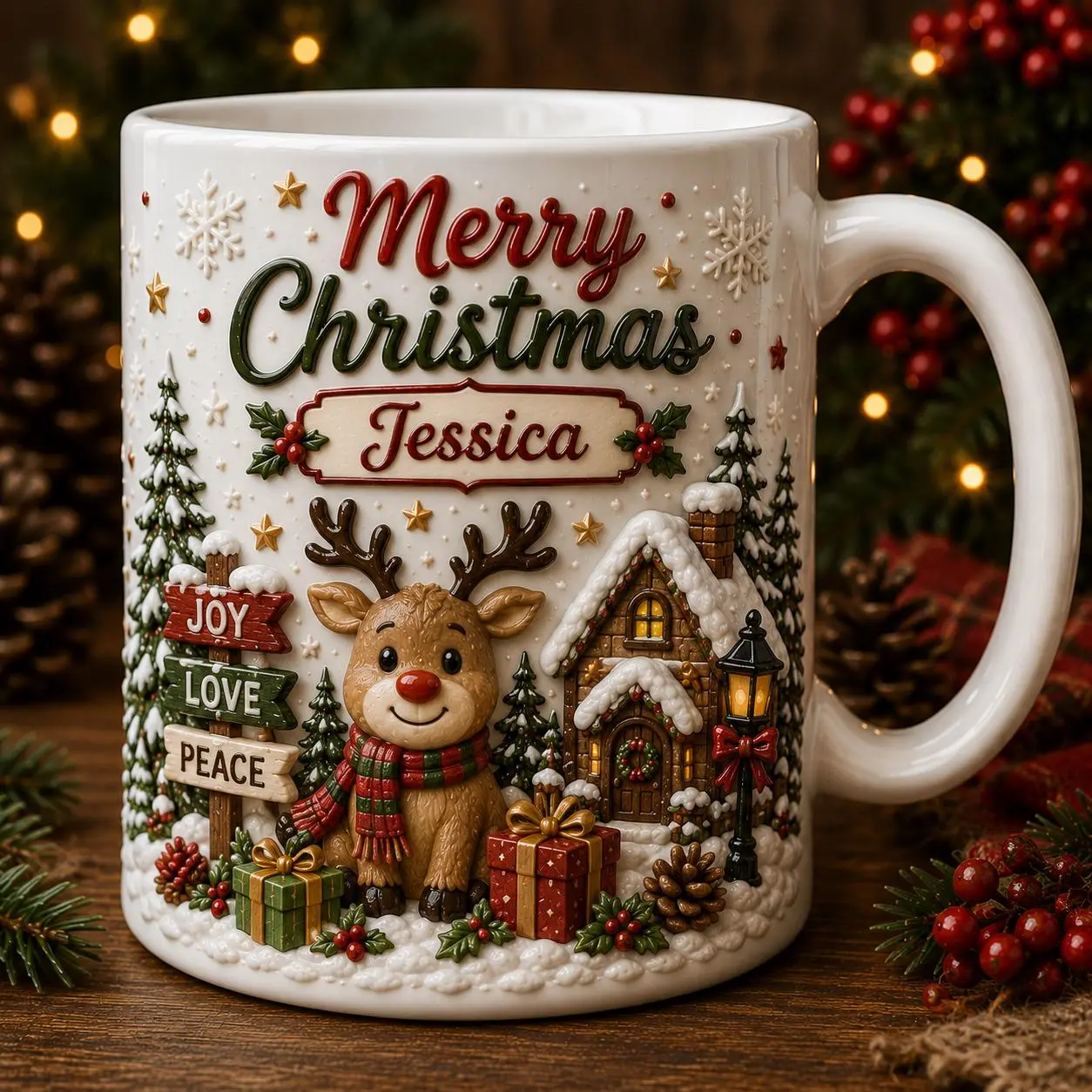 Personalized Christmas Mug 3D Reindeer Effect Ceramic Coffee Cup - Custom Name Holiday Mug Cute Winter Secret Santa Gift