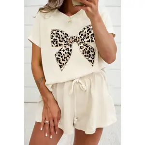 White Contrast Leopard Bow Patched V Neck Loose Tee Drawstring Shorts 2pcs Outfit