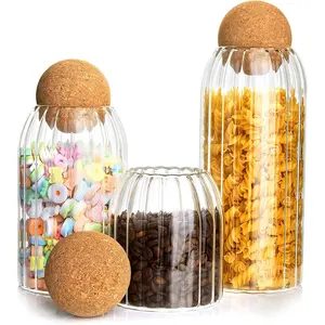 3-Piece Glass Storage Jar Set - Features airtight round cork lids for moisture-proof sealing. Transparent striped glass jars are ideal for storing coffee beans, nuts, sugar, spices, and tea leaves. Snack Container