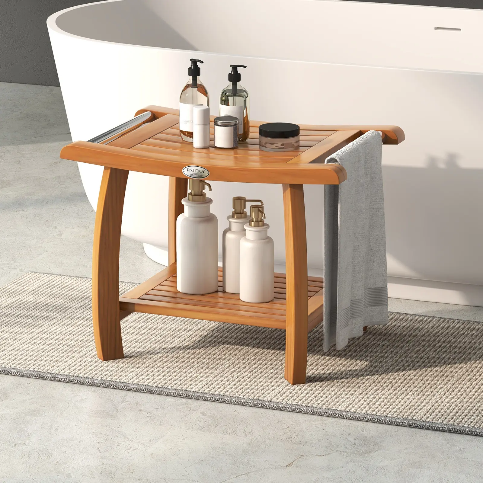 COSTWAY - 2-Tier Teak Wood Shower Bench Shower Stool with Curved Seat