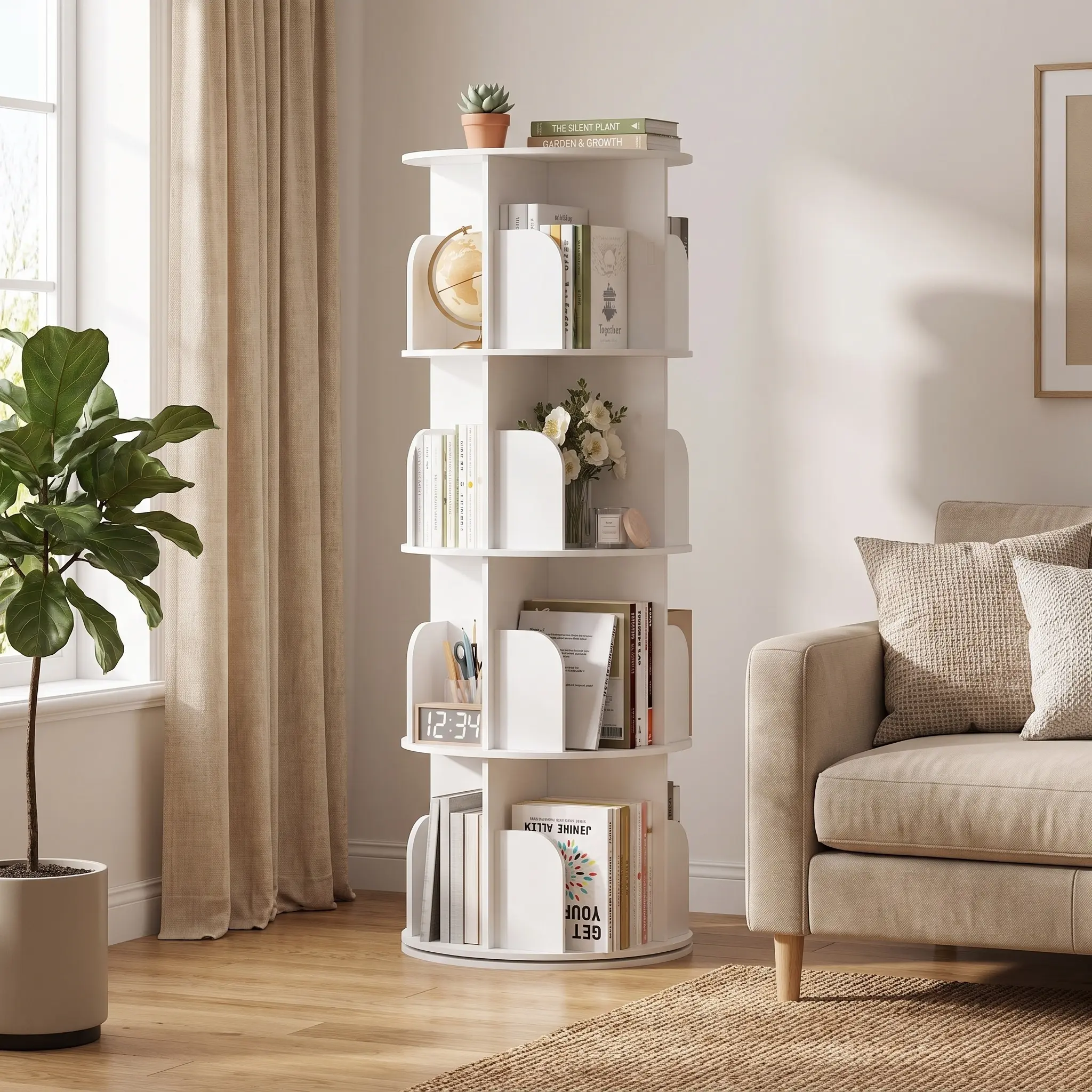 3-4 Tier Rotating Bookshelf Tower, Study Spinning Bookshelf for Small Space, 360° Display Revolving Bookcase Lazy Susan, Freestanding Vertical Corner Book Shelf for Bedroom, Living Room