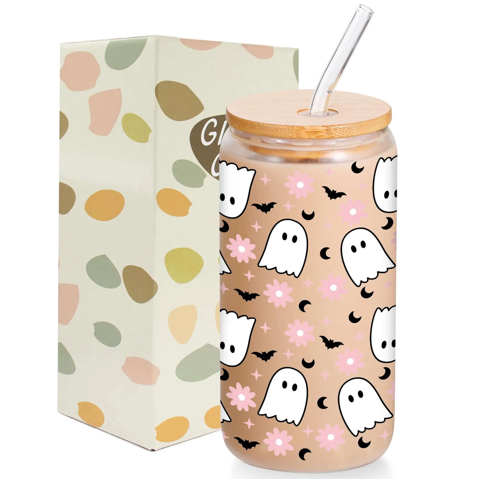 16oz Bamboo Lid & Straw Pink Ghost Bats Halloween Glass Bottle Set - Portable Party Gifts for Girlfriends, Halloween Parties Boo Basket Stuffers, Festive Home Supplies, Best Friends