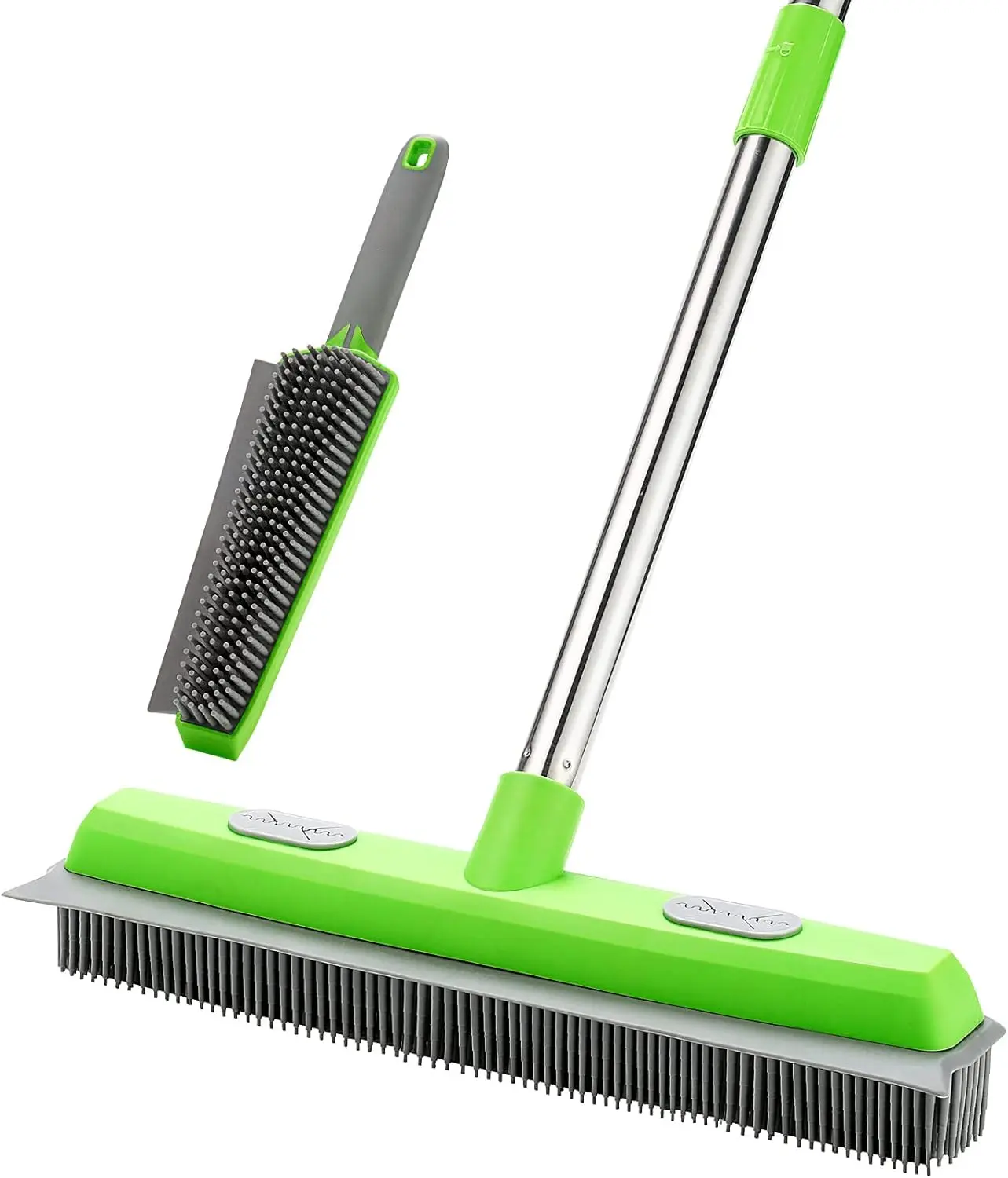 2-in-1 Universal Plastic Bristle Rubber Broom with Squeegee, 57-in Adjustable Long Handle Pet Hair Remover Rake for Carpet, Hardwood Floor Cleaning, Portable Detailing Lint Brush