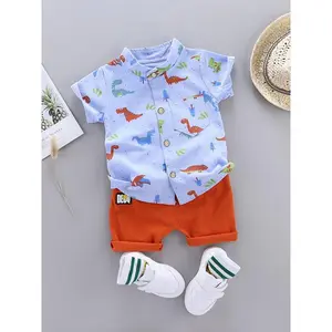 2pcs Baby Boys Dinosaur Print Button Short Sleeve Shirt Top & Elastic Waist Shorts Set Toddler Summer Clothes For Daily & Outdoor Wear