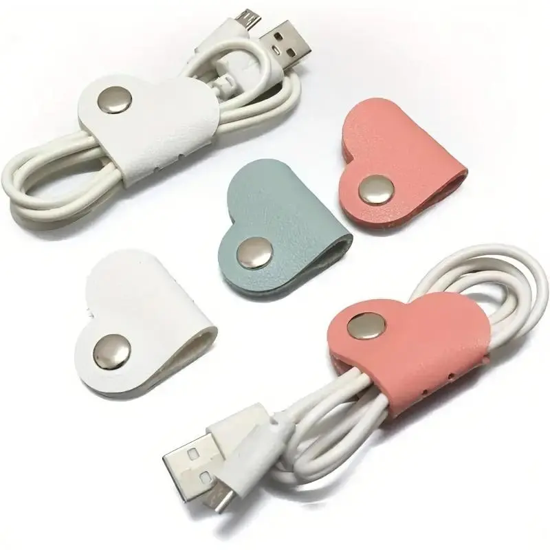 Data Cables in Heart Shape Made of PU Material, Available in Packs of 6, Along with Ear Wires And Storage Buttons, Cable Organizer Clips, Cord Organizer for Desk