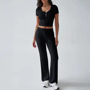 Women's Casual Workout Two Piece Outfits, Long Sleeve Square Neck Foldover Flare Pants Tracksuit, junp suit Lounge Set loungewear S-XL