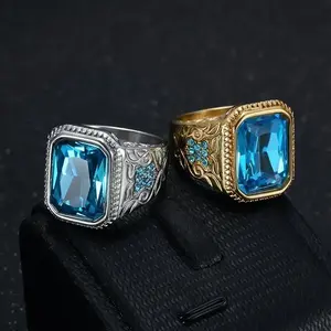 Hip Hop Style Men'S Ring, 316L Stainless Steel, with Blue Glass Faux Gemstone and Imitation Diamonds, Single Band JewelryMother