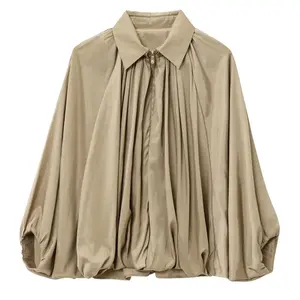Womens Puffed Bomber Jacket Casual Batwing Sleeve Lapel Collar Zip Shirts Oversized Pleated Streetwear JacketsTikTokShopBlackFriday Chic Coats Everyday Lightweight   Womenswear