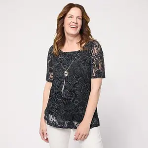 Nina Leonard Burnout Knit Elbow Sleeve Necklace Top