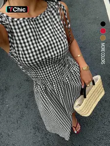 Women's Plaid Sleeveless Waist Cinch Slim Fit Midi Dress, Casual Chic Style, Perfect for Vacation Travel, Comfortable and Stylish