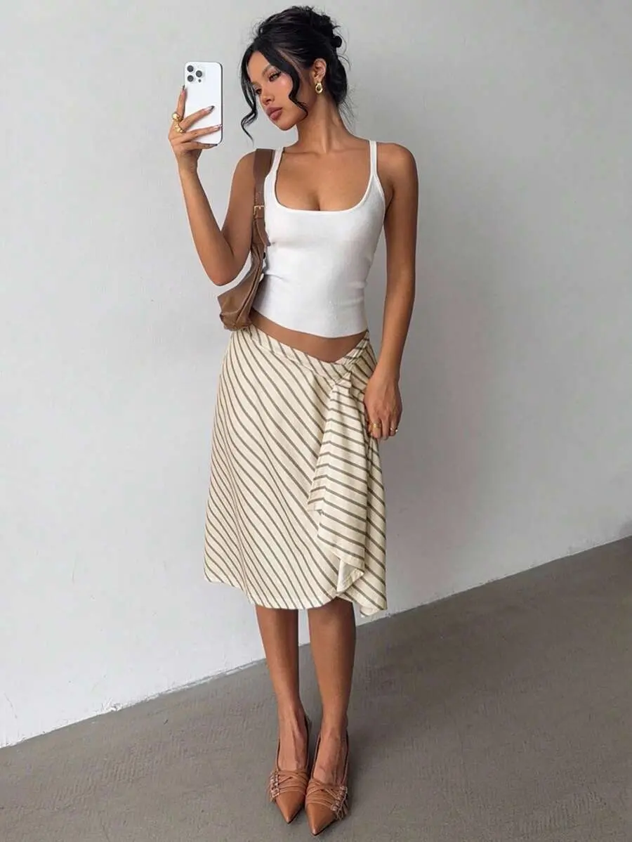 Kloset x Aloruh Women's Fashionable & Elegant Yellow Striped Asymmetric Super Low Waist Oblique Knee-Length Bodycon Flared Skirt, Suitable For Vacation & Daily Wear