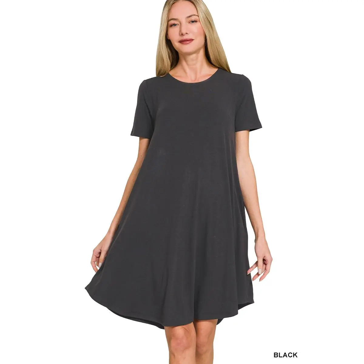 Casual A-Line T-Shirt Dress, Women's Comfy Shortsleeve Stretchy Polyester Spandex with Pockets and Round Hem, Basic