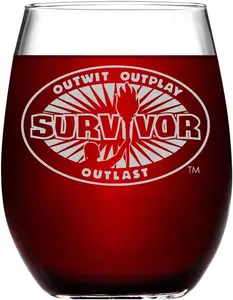 SURVIVOR Etched Stemless Wine Glass 15 oz | Officially Licensed, Premium Quality, Handcrafted Glassware,