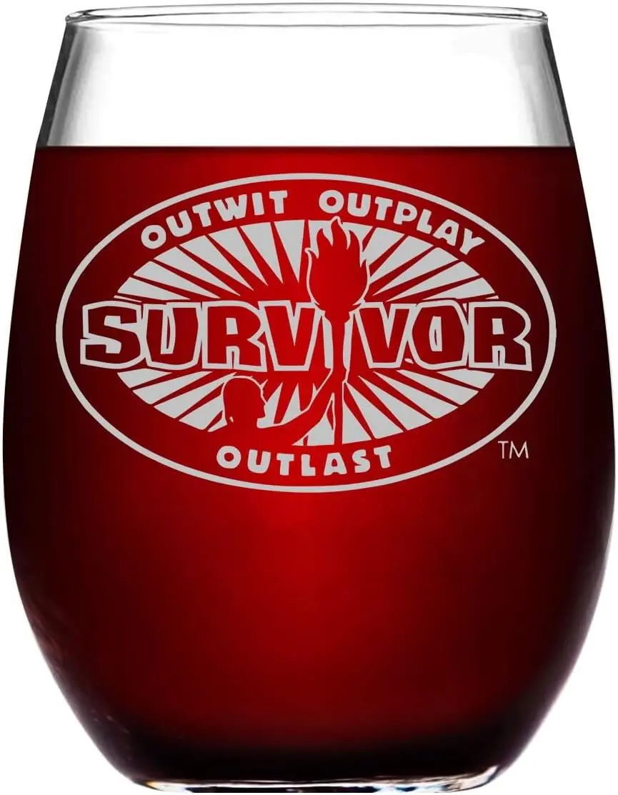 SURVIVOR Etched Stemless Wine Glass 15 oz | Officially Licensed, Premium Quality, Handcrafted Glassware,