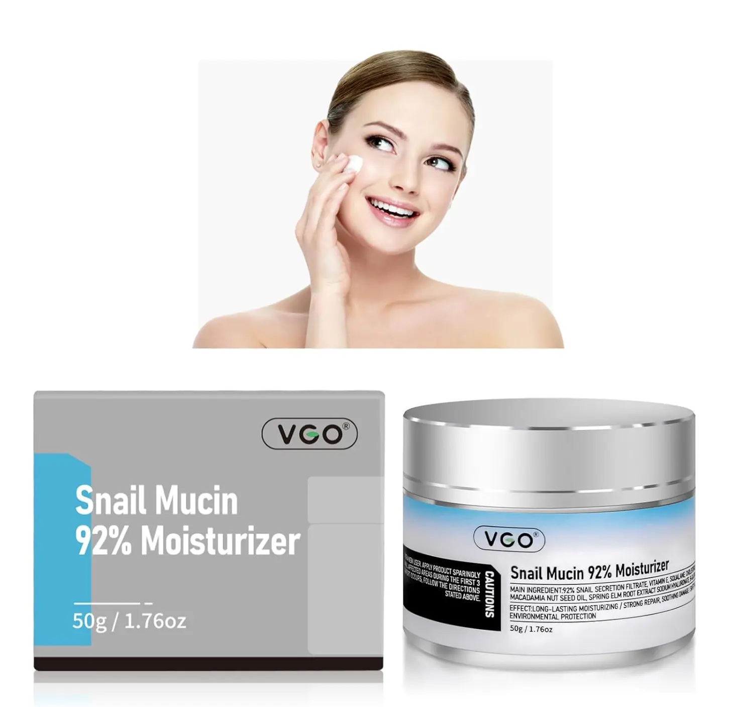 VGO Snail Mucin 92% Moisturizing Cream - Daily & Evening Use, Gentle Formula, 50g, All Skin Types, Hydrating Serum for Radiance & Repair